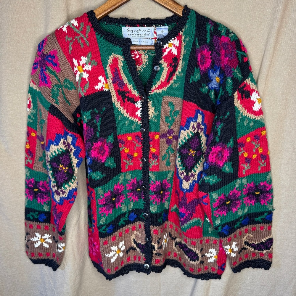 Vintage Northern Isles Hand Knitted Patchwork Floral Paisley Cardigan Medium 90s
